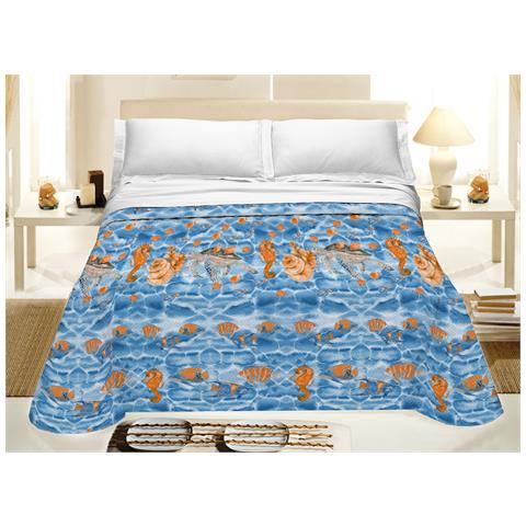 Copriletto Piquet Primavera Estate 100% Cotone Disegno Sea Life Piazza E Mezza Blu - Foto 1