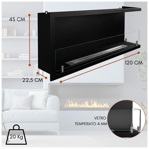 Camino A Bioetanolo Da Parete Biocamino Da Incasso 1,25 Lt Riscaldamento 30 M2, In Acciaio Con Vetro Temperato - 120 Cm Nero - Foto 2