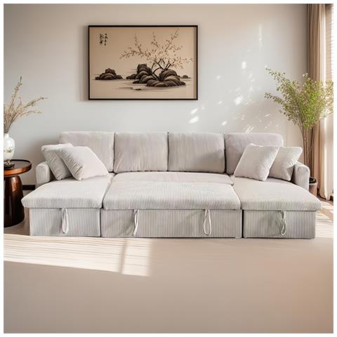 Mahé Divano Panoramico Trasformabile A 4 Posti In Velluto A Coste Con Box - Beige - Foto 1