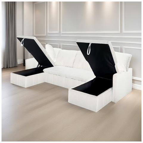 Mahé Divano Panoramico Trasformabile A 4 Posti In Velluto A Coste Con Box - Beige - Foto 8