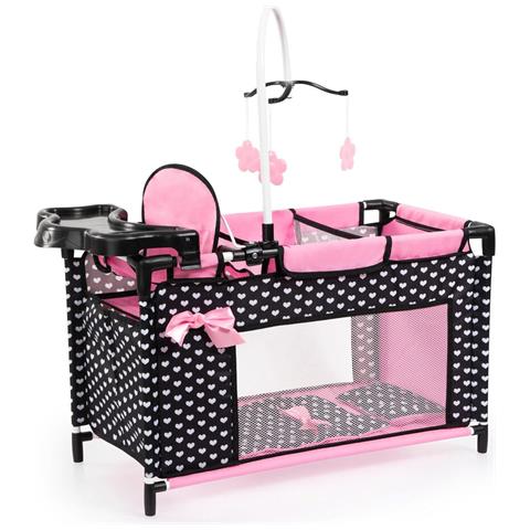 Letto Per Bambole Con Scomparto, Seggiolone Integrato, Giostrina, Nero E Rosa - Foto 1