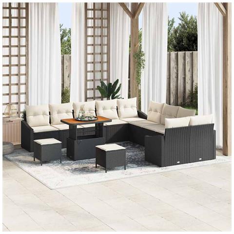 Set Divano da Giardino  13 Pesi con Cuscini Nero Polirattan Acacia, Divano da Giardino  2 Posti con Cuscini Nero Polirattan, Set da Pranzo da Giardino 3 Pezzi con Cuscini Nero Polirattan Acacia - Foto 2