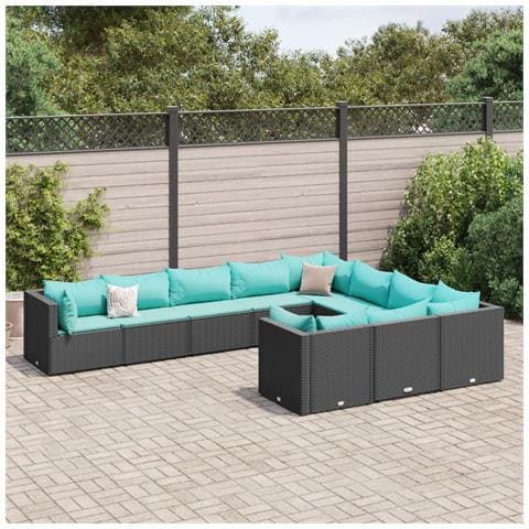 Set Divani da Giardino 10pz con Cuscini in Polyrattan Nero - Foto 2