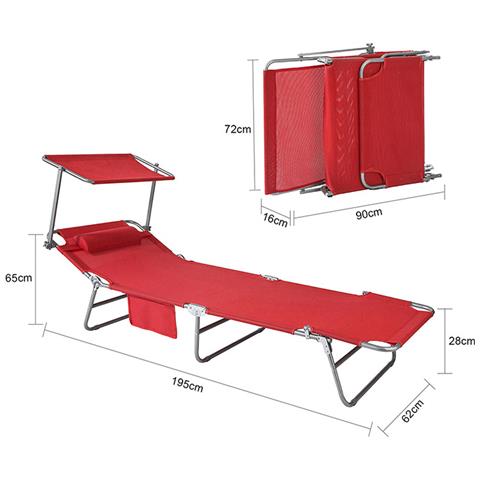 Lettino Prendisole Pieghevole Cuscino E Tettuccio Regolabile 4 Angoli Di Reclinazione Con Organizer Rosso, Ogs48-r - Foto 2