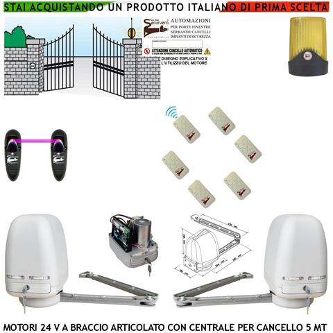 Automatismo Cancello Kit Motori Braccio Articolato 24 V 2 Ante Da 0,5 A 2,5 Mt Centrale 220/24 V Faro Coppia Di Fotoce - Foto 1