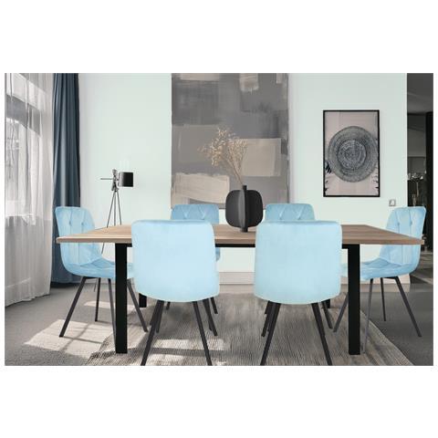 Set 4 Sedie Sala Da Pranzo Paradiso Gambe In Acciaio Nero Opaco, Velluto Azzurro - Foto 2