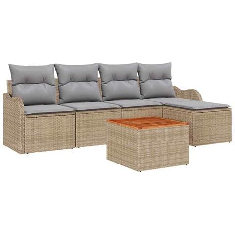 Set di divani da giardino 6 pezzi con cuscini beige in polyrattan acacia, Divano da giardino 2 posti con cuscini beige in polyrattan - Foto 1
