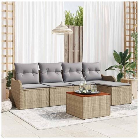 Set di divani da giardino 6 pezzi con cuscini beige in polyrattan acacia, Divano da giardino 2 posti con cuscini beige in polyrattan - Foto 9