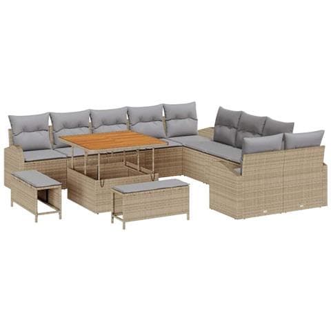 Set divano da giardino  13 pezzi con cuscini beige in rattan sintetico acacia, Divano da giardino  2 posti con cuscini beige in rattan sintetico, Set da pranzo per giardino  3 pezzi con cuscini beige in rattan sintetico acacia - Foto 1