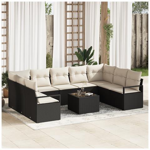 Set di divani da giardino con 9 pezzi e cuscini in polyrattan marrone, Divano da giardino per due persone con cuscini in polyrattan nero - Foto 2