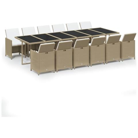 Set Da Pranzo Per Giardino 13pz Con Cuscini In Polyrattan Beige - Foto 1