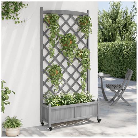 Fioriera Con Traliccio E Ruote Grigia Legno Massello Di Abete - Foto 3