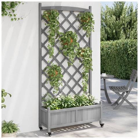 Fioriera Con Traliccio E Ruote Grigia Legno Massello Di Abete - Foto 1