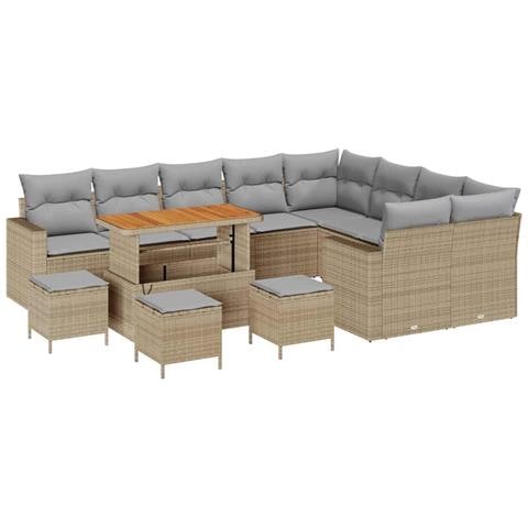 Set Divano da Giardino  13 Pezzi con Cuscini Beige Polirattan Acacia, Set da Pranzo da Giardino  4 Pezzi con Cuscini Beige Polirattan Acacia - Foto 1