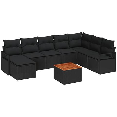 Set Divano da Giardino 9 Pezzi con Cuscini Rattan Nero Acacia, Divano da Giardino 2 Posti con Cuscini Rattan Nero Acacia - Foto 1