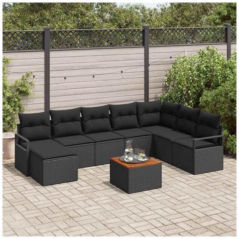 Set Divano da Giardino 9 Pezzi con Cuscini Rattan Nero Acacia, Divano da Giardino 2 Posti con Cuscini Rattan Nero Acacia - Foto 2