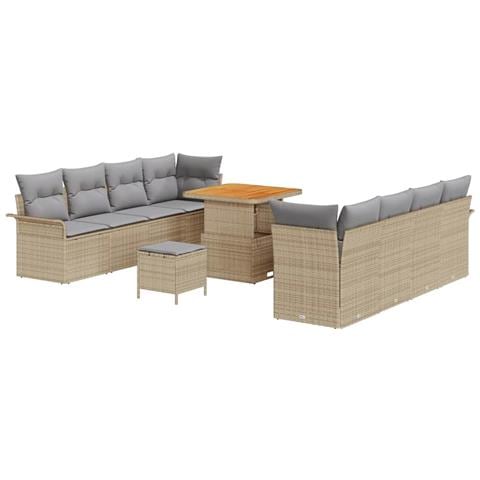 Set Divano da Giardino in 11 Pezzi con Cuscini Beige Polyrattan Acacia,  Divano da Giardino 2 Posti con Ripostiglio e Cuscini Beige Polyrattan,  Set da Pranzo in Giardino con 3 Pezzi e Cuscini Beige Polyrattan Acacia - Foto 1