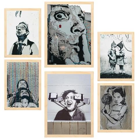 Set Di 6 Stampe Pittura Stencil Graffiti Street Art Colori Rivendicazione Murales Illustrazioni A3 & A4 Telaio In Legno Chiaro - Foto 1