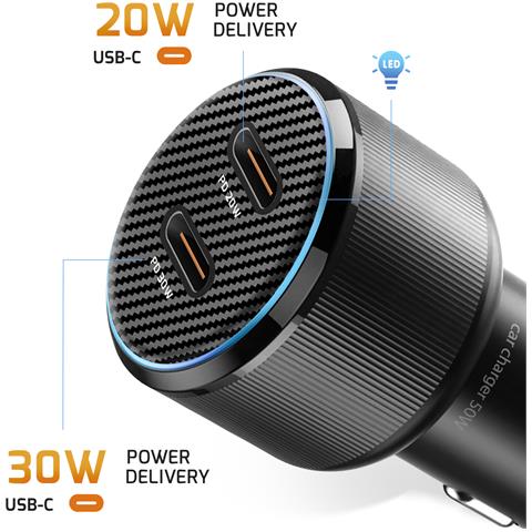 Caricatore Per Auto 2x Usb-c Power Delivery 20w E 30w Con Cavo Usb-c, Nero - Foto 2