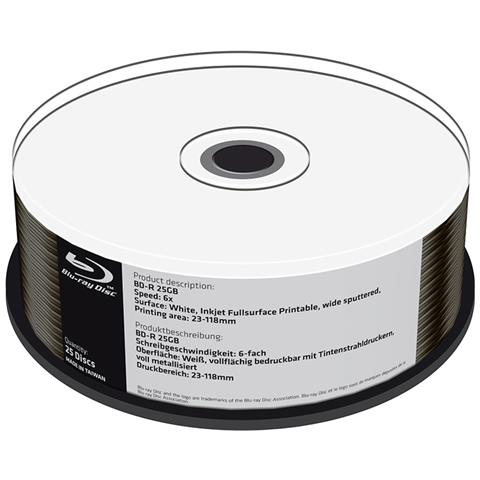 Bd-r 25gb 6x Speed, Inkjet Fullsurface Printable, Wide Sputtered, Stampabili, In Confezione Cake Da 25 Pezzi - Mr512 - Foto 1