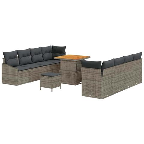 Set da Giardino a 11 Pezzi  con Cuscini Grigio Polyrattan Acacia, Divano Giardino a 2 Posti  con Stoccaggio e Cuscini Grigio Polyrattan, Set Pranzo Giardino a 3 Pezzi con Cuscini Grigio Polyrattan Acacia - Foto 1