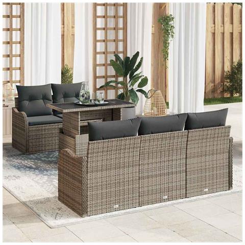 Set di Divano Giardino 6 Pezzi con Cuscini Grigi Rattan Polietilene, Divano Giardino 2 Posti con Spazio di Stoccaggio & Cuscini Grigi Rattan Polietilene - Foto 2