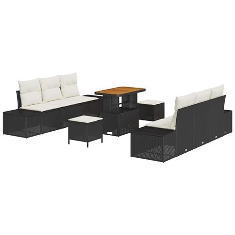 Set Divano da Giardino 9 Pezzi con Cuscini Rattan Nero Acacia, Divano da Giardino 2 Posti con Cuscini Rattan Nero, Set da Pranzo da Giardino 3 Pezzi con Cuscini Rattan Nero Acacia - Foto 1