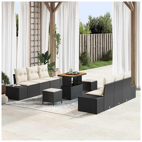 Set Divano da Giardino 9 Pezzi con Cuscini Rattan Nero Acacia, Divano da Giardino 2 Posti con Cuscini Rattan Nero, Set da Pranzo da Giardino 3 Pezzi con Cuscini Rattan Nero Acacia - Foto 2