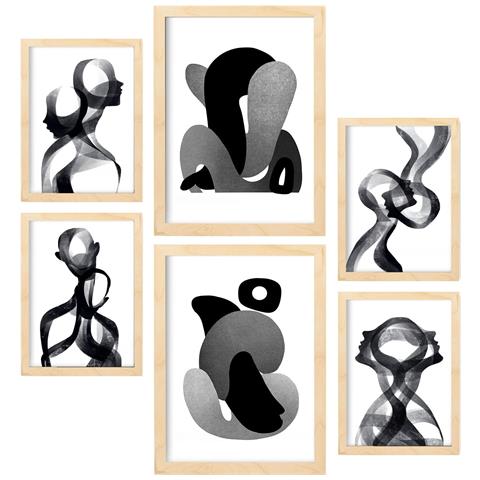 Set Di 6 Stampe Corpo Curvo In Amanti Dipinti Decorativi Estetici Astratti Per Il Tuo Soggiorno Di Casa A3 & A4 Telaio In Legno Chiaro - Foto 1