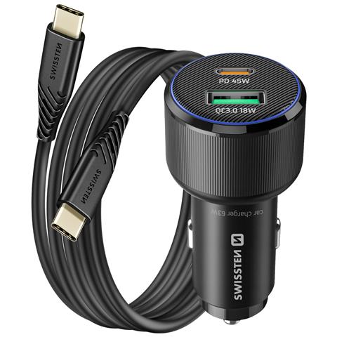 Caricatore Per Auto Usb-c 45w Pd E Usb 3.0 18w Qc Con Cavo Usb-c, Nero - Foto 1