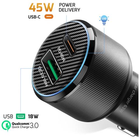 Caricatore Per Auto Usb-c 45w Pd E Usb 3.0 18w Qc Con Cavo Usb-c, Nero - Foto 5