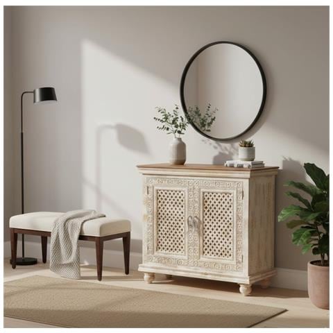 Tavolino Da Ingresso Artigianale In Legno Bianco 104x43x93h Cm - Foto 2