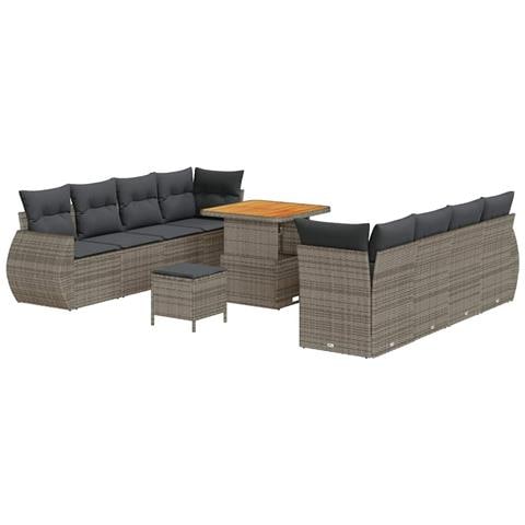 Set da Giardino a 11 Pezzi con Cuscini Grigio Rattan Polietilene Acacia,  Set da Pranzo da Giardino a 3 Pezzi con Cuscini Grigio Rattan Polietilene Acacia - Foto 1