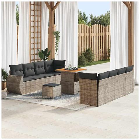 Set da Giardino a 11 Pezzi con Cuscini Grigio Rattan Polietilene Acacia,  Set da Pranzo da Giardino a 3 Pezzi con Cuscini Grigio Rattan Polietilene Acacia - Foto 2