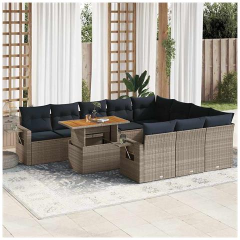 Set Divani da Giardino 11 pz con Cuscini in Polyrattan Grigio - Foto 2