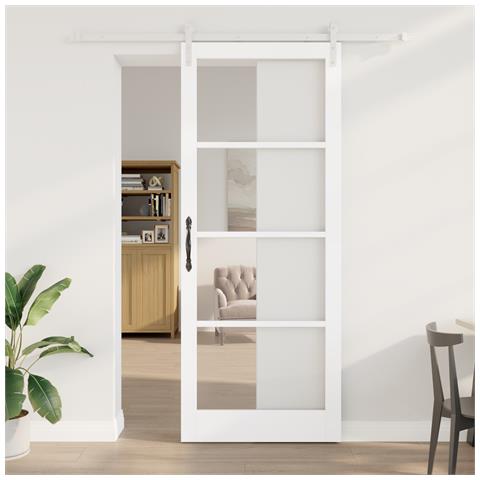Porta Scorrevole  con Set Hardware 'ORKDAL'Bianca Legno Massello & Vetro, Porta Interna  con Vetro 'ORKDAL'Bianca 93x232x4 cm - Foto 2