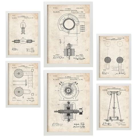 Set Di 6 Stampe Poster Con Elettricità 2 Brevetti Poster Con Immagini Di Brevetti Retrò Design D'interni In Stile Vintage A3 & A4 Cornice Bianca - Foto 1