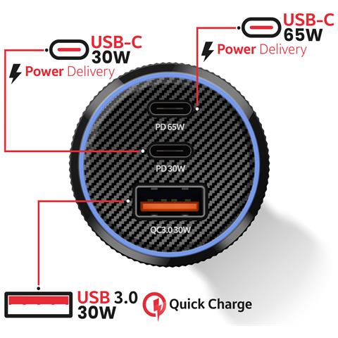 Caricatore Per Auto 2x Usb-c Pd 65w E 30w Usb 3.0 Qc 30w Con Cavo Usb-c, Nero - Foto 2