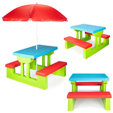 Tavolo picnic da giardino per bambini con ombrellone e panchine, verde e rosso - Foto 4