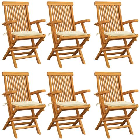 Sedie da Giardino con Cuscini Crema 6 pz in Massello di Teak - Foto 1