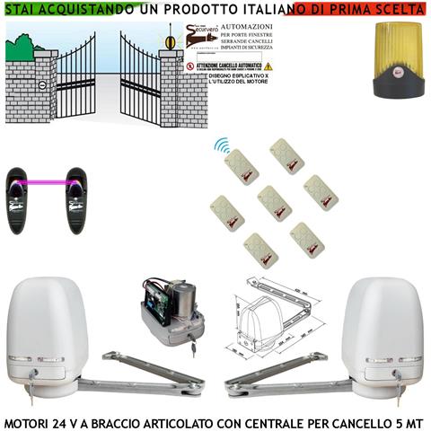 Automazione Cancello Kit Motori Braccio Articolato 24 V 2 Ante Da 0,5 A 2,5 Mt Centrale 220/24 V Faro Coppia Di Fotoce - Foto 1