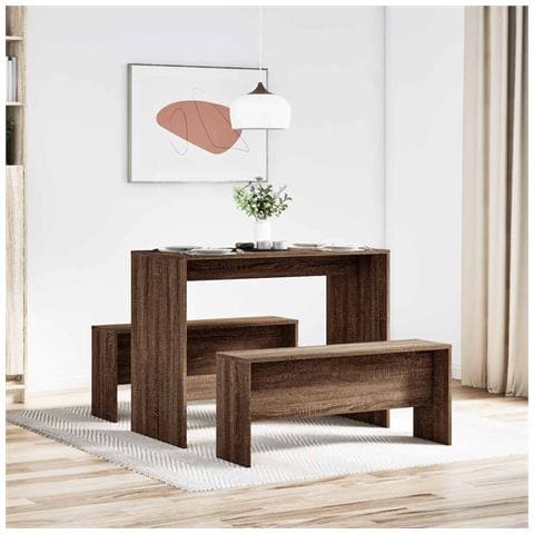 Set Tavolo Da Pranzo E Panche 3 Pz Rovere Marrone In Truciolato - Foto 3