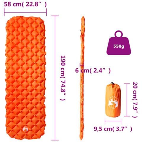 Materasso Campeggio Gonfiabile 1 Persona Arancione 190x58x6 cm - Foto 6