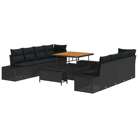 Set da giardino a 11 pezzi con cuscini in polyrattan nero e acacia,  Divano da giardino a 2 posti con cuscini in polyrattan nero,  Set da pranzo da giardino a 3 pezzi con cuscini in polyrattan nero e acacia - Foto 1