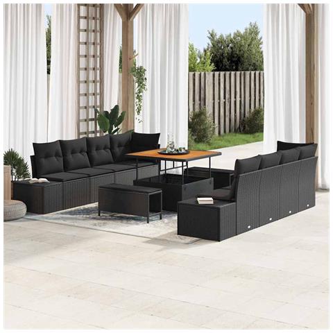 Set da giardino a 11 pezzi con cuscini in polyrattan nero e acacia,  Divano da giardino a 2 posti con cuscini in polyrattan nero,  Set da pranzo da giardino a 3 pezzi con cuscini in polyrattan nero e acacia - Foto 2
