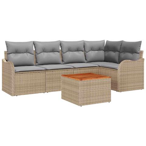 Set di Divano Giardino a 6 Pezzi con Cuscini Beige Polyrattan Acacia, Divano Giardino 2 Posti con Spazio per Riporre e Cuscini Beige Polyrattan - Foto 1