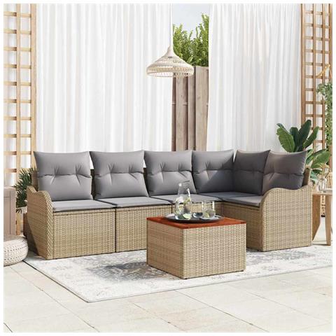 Set di Divano Giardino a 6 Pezzi con Cuscini Beige Polyrattan Acacia, Divano Giardino 2 Posti con Spazio per Riporre e Cuscini Beige Polyrattan - Foto 2