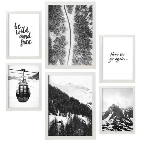 Set Di 6 Stampe Immagini Di Montagne In Bianco E Nero, Stampe Artistiche Da Parete, Poster Decorativi, Design D'interni In Galleria D'arte A3 & A4 Cornice Bianca - Foto 1