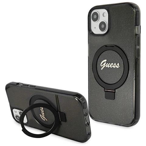 Iphone 14 / 15 / 13 - Custodia Guess Ring Stand Script Glitter Magsafe Nera - Foto 1