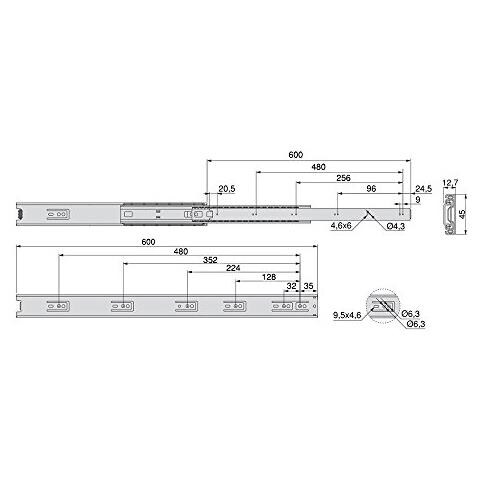 3043705 Coppia Di Guide / binari Con Cuscinetti A Sfere Ad Estrazione Totale 45mm X 600mm Per Cassetto, Set Di 5 - Foto 3